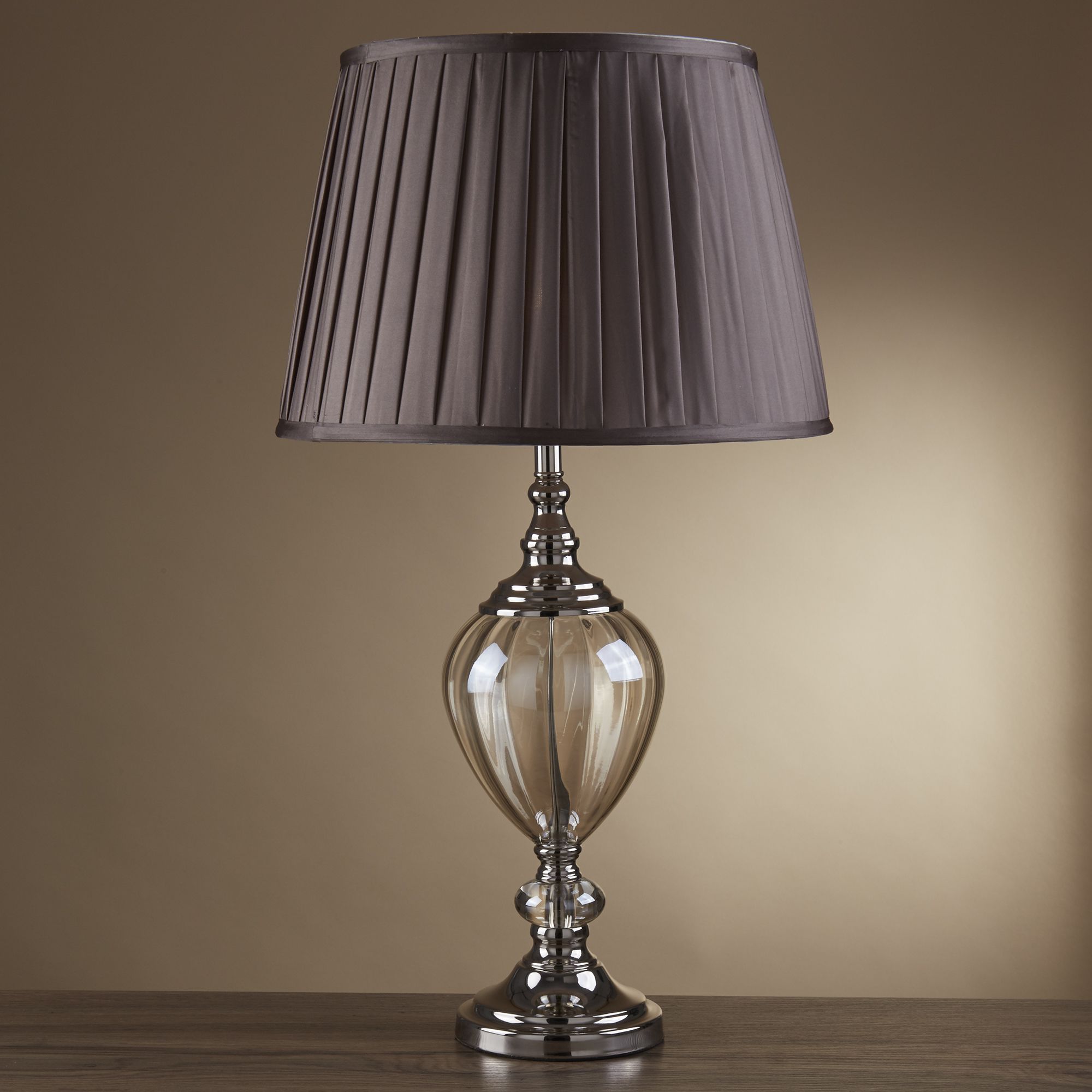 Chrome Urn Table Lamp With Amber Glass Brown Pleated
