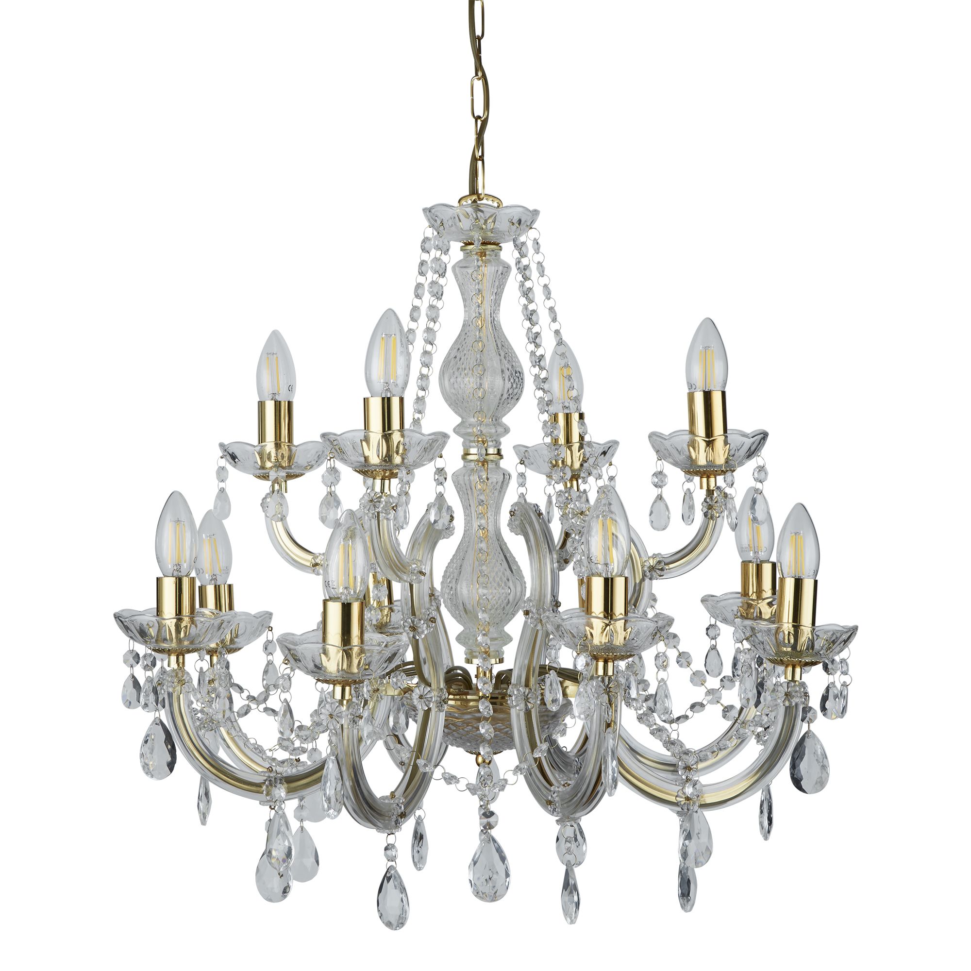 MARIE THERESE POLISHED BRASS 12 LIGHT CHANDELIER WITH CRYSTAL DROPS MARIE THERESE POLISHED BRASS 12 LIGHT CHANDELIER WITH CRYSTAL DROPS