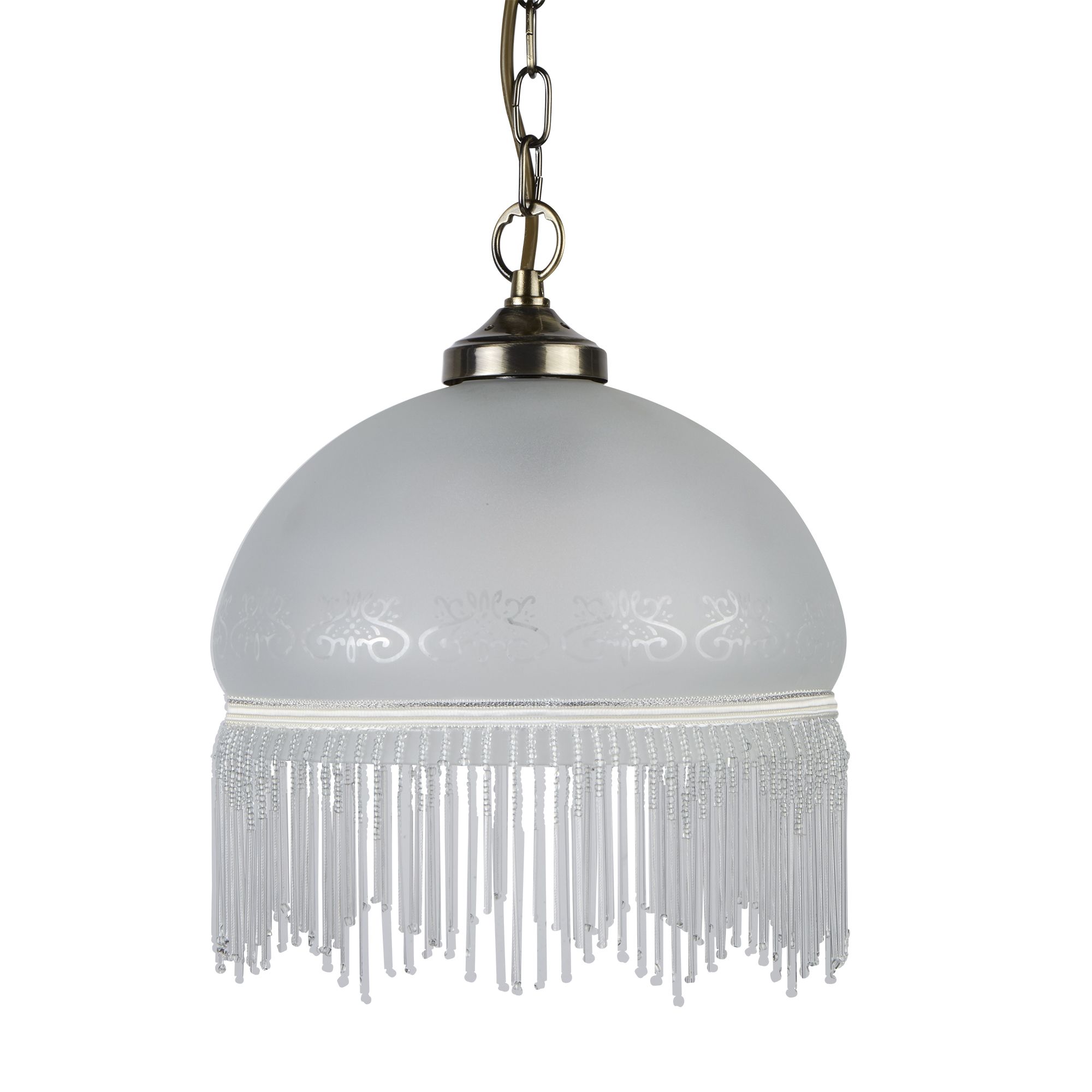 Brass Pendant Light With Chain the traditional fitting has a brass coloured chain ceiling suspension and an etched glass shade with a delicate beaded glass fringe