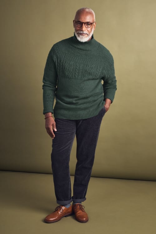 Men's Courage Cable Knit Fisherman's Roll Neck Jumper Seasalt
