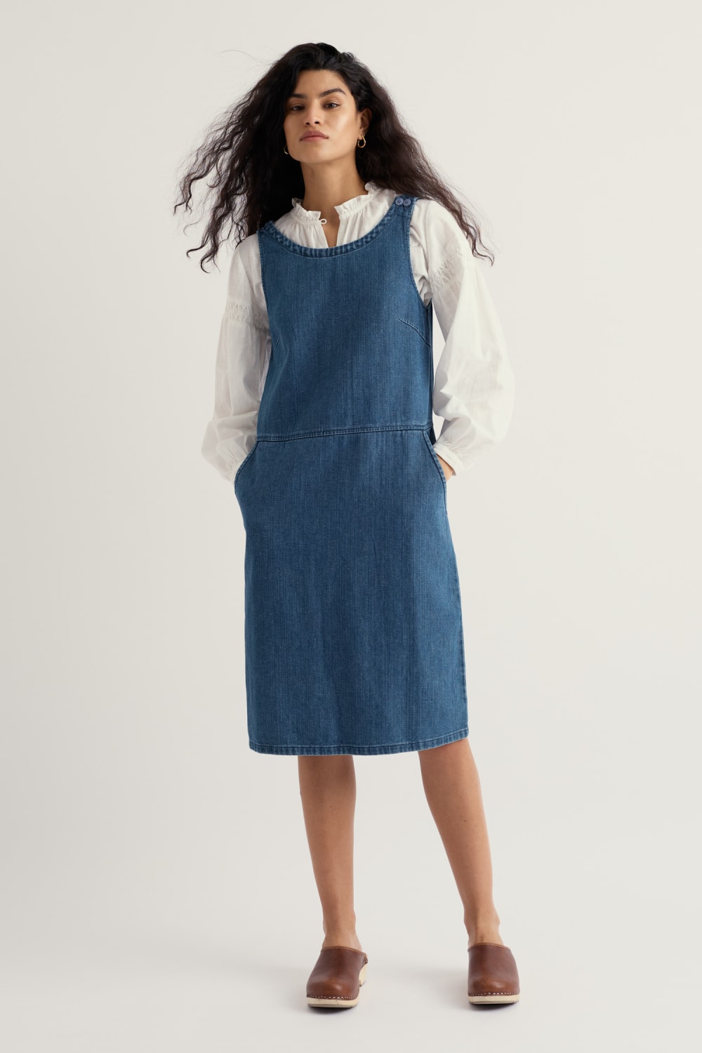 denim pinafore dress knee length Denim Button Up Pinafore Dress In DENIM BLUE