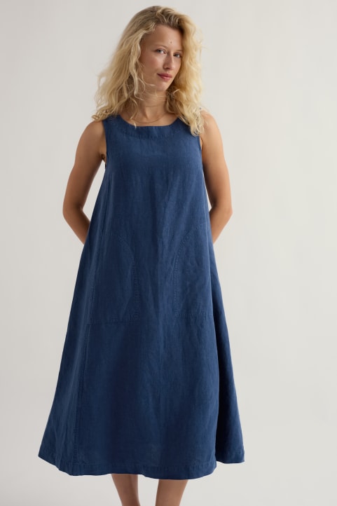 Cresting Waves Sleeveless Linen Dress Model Image