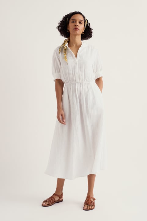 Shore Path Half-Sleeve GOTS Organic Cotton Midi Dress Model Image