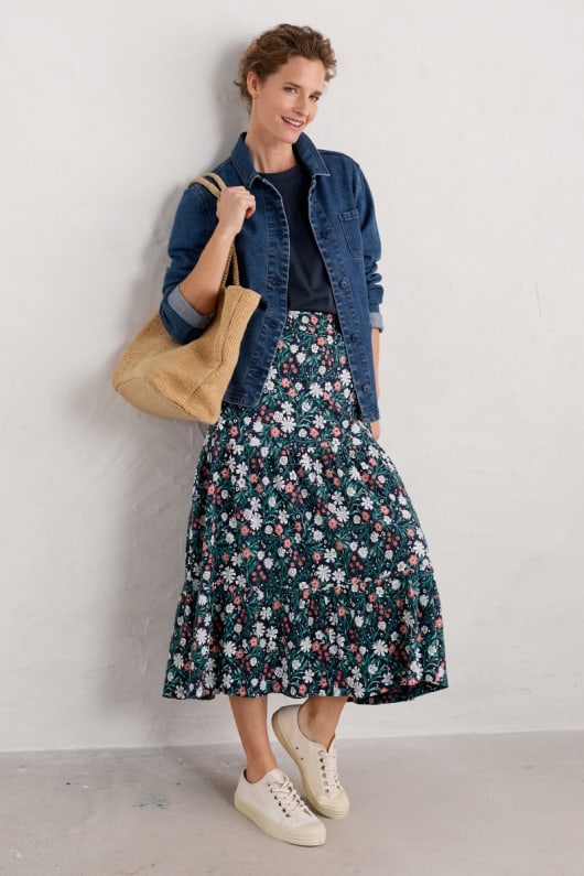 Line Strokes Tiered Midi Skirt