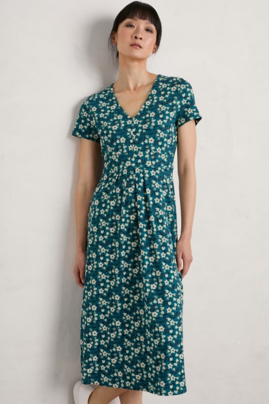Flower Bud Short Sleeve V-Neck Midi Dress