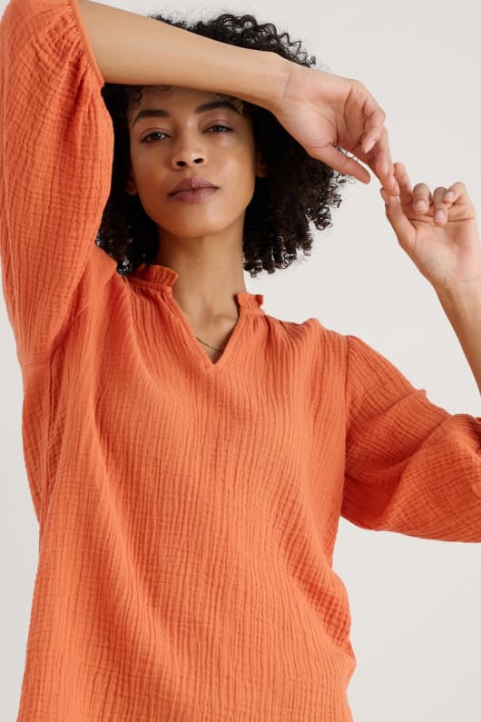Portrait Frill Neck Top in GOTS-Certified Organic Cotton