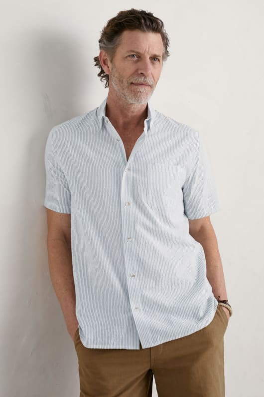 Men's Blue Heron Seersucker Short Sleeve Shirt Model Image
