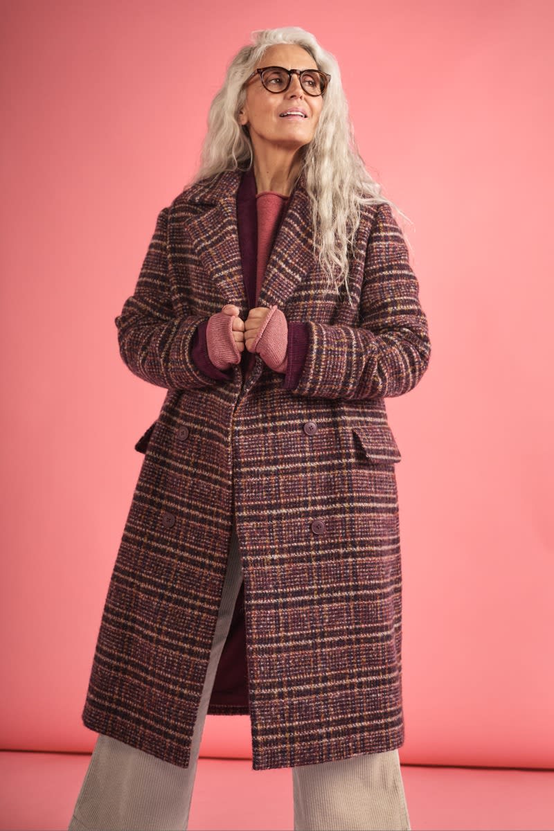 Evenweave Checked Double Breasted Coat - Knee Length Wool Blend