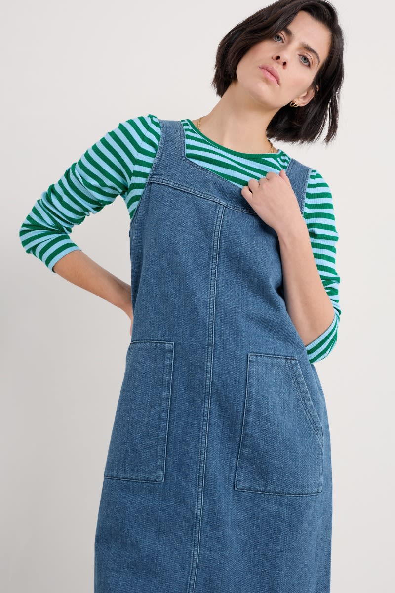 Womens Denim Dungaree Dress Pinafore Dress Long Denim