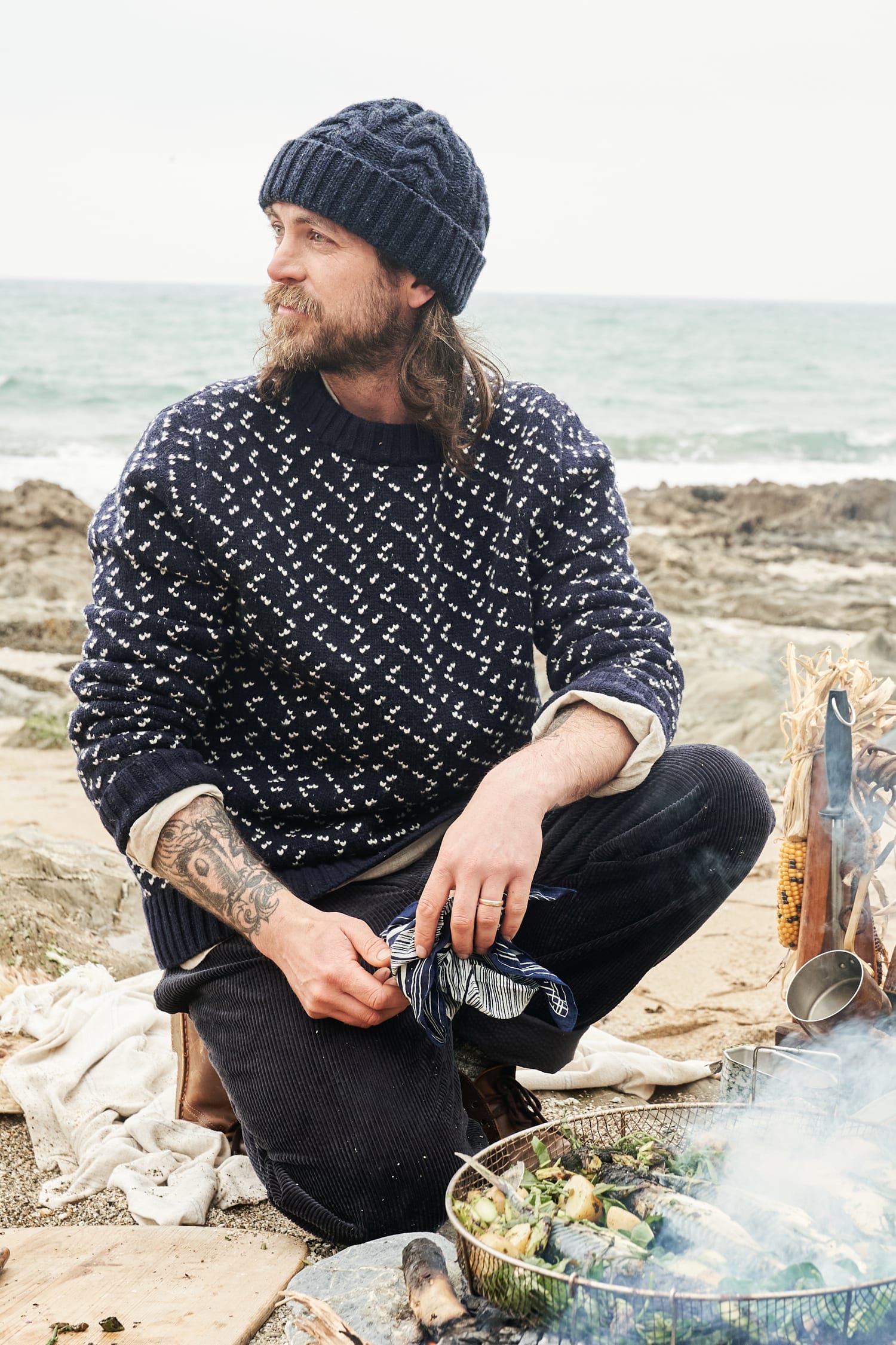 Men's Callaminks Fisherman Jumper Birdseye Knit Jumper Seasalt