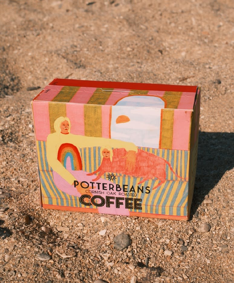 Bag of Potterbeans coffee in the sand