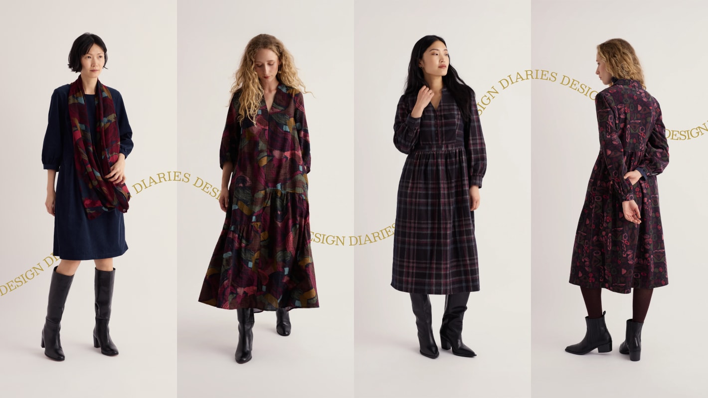 Autumn dresses from Seasalt. Models wearing 4 different styles, from a knee-length shift to flowy maxi dress.