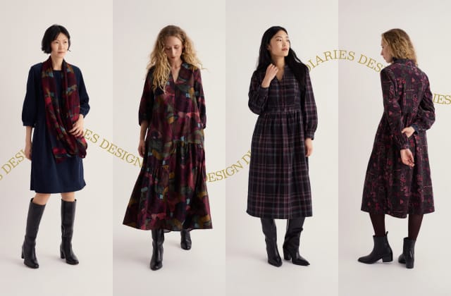 Autumn dresses from Seasalt. Models wearing 4 different styles, from a knee-length shift to flowy maxi dress.