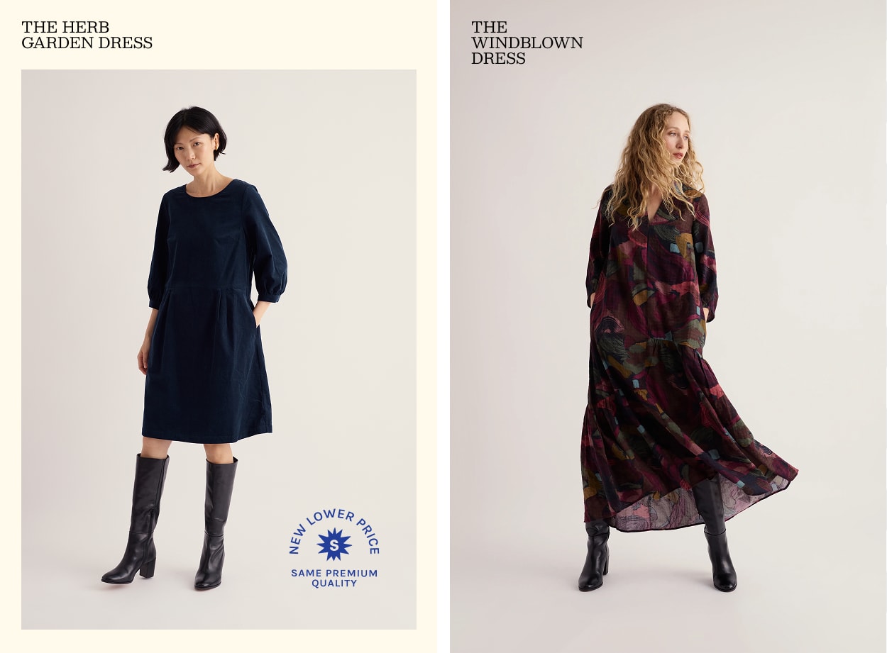 Models wearing the knee-length cord shift Herb Garden Dress and the flowing maxi Windblown Dress.
