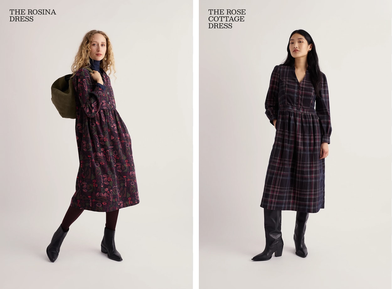 Models wearing the Rosina Printed Midi Dress, and the Check V-Neck Rose Cottage Dress.