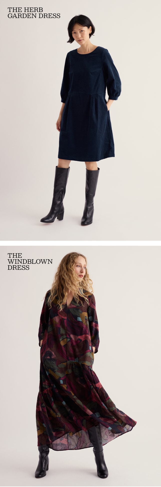 Models wearing the knee-length cord shift Herb Garden Dress and the flowing maxi Windblown Dress. 