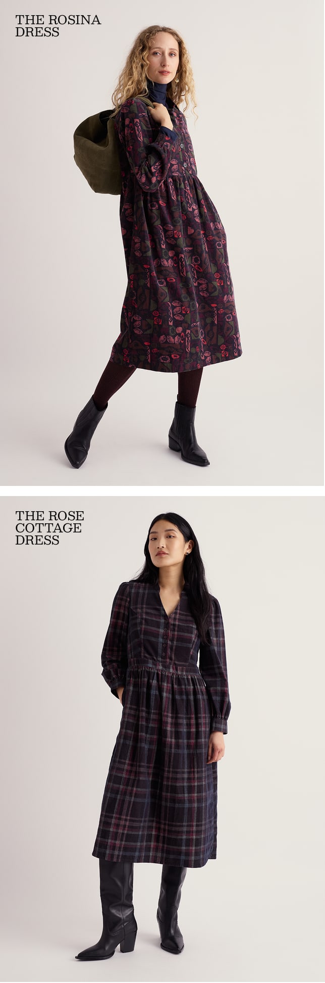Models wearing the Rosina Printed Midi Dress, and the Check V-Neck Rose Cottage Dress. 