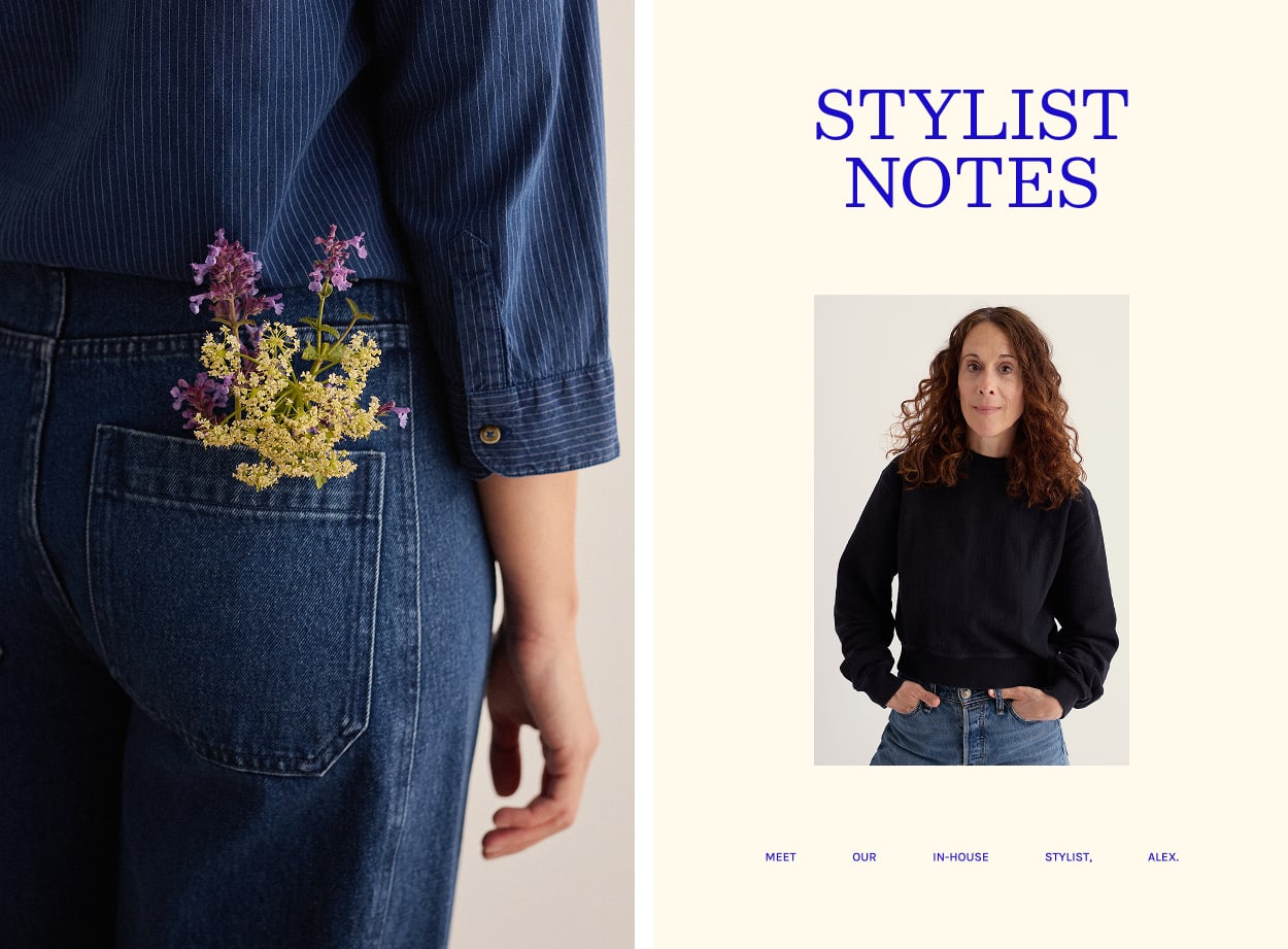 Alex with a close up of a jeans pocket which contains flowers. 