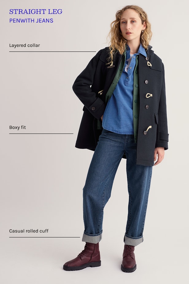 The Straight Leg Penwith Jeans with annotated outfit - a layered collar, boxy fit jacket and casual rolled cuff on the jeans' hem