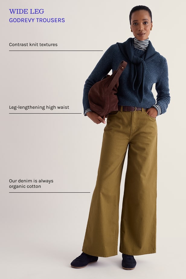 The Wide Leg Godrevy Trousers with annotated outfit - contrast knit textures on the top, a leg-lengthening high waist fit, and always organic cotton denim