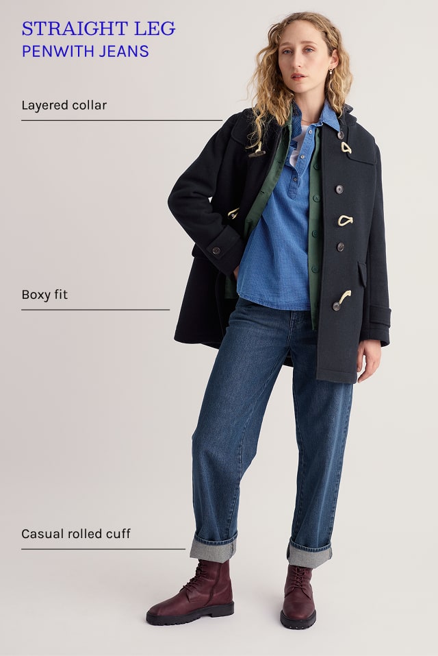 The Straight Leg Penwith Jeans with annotated outfit - a layered collar, boxy fit jacket and casual rolled cuff on the jeans' hem