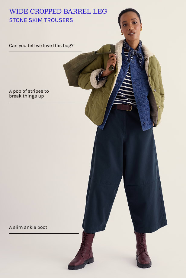 The wide cropped barrel leg Stone Skim trousers with annotated outfit - a slouchy suede bag, a pop of stripe to break things up, and a slim ankle boot.