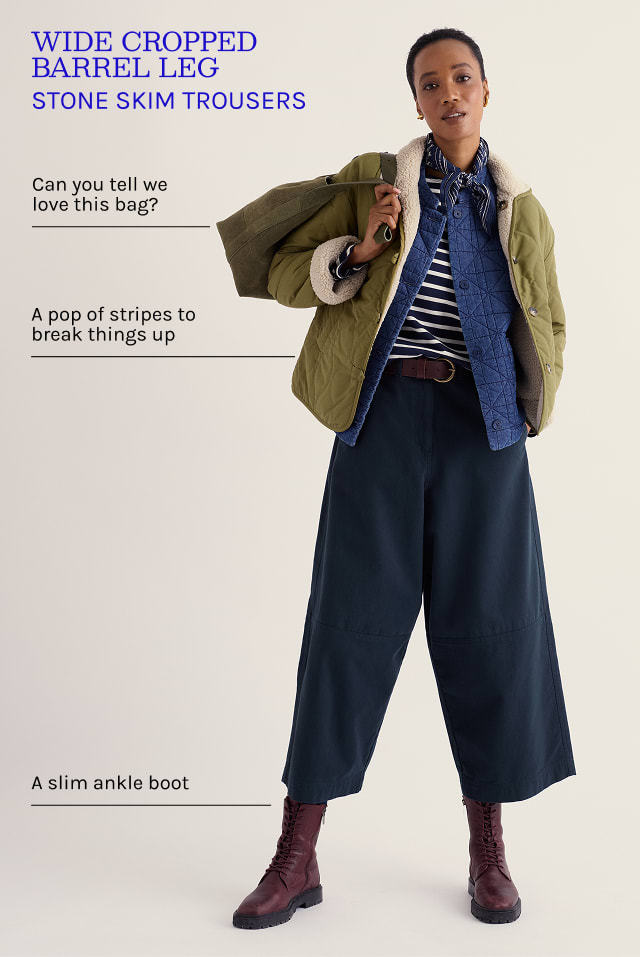 The wide cropped barrel leg Stone Skim trousers with annotated outfit - a slouchy suede bag, a pop of stripe to break things up, and a slim ankle boot. 