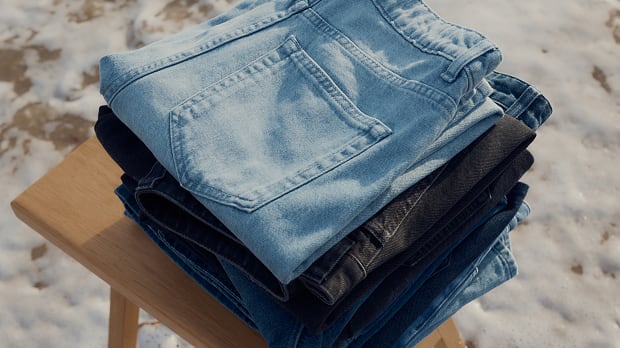 Stack of Seasalt jeans on a stool at the beach