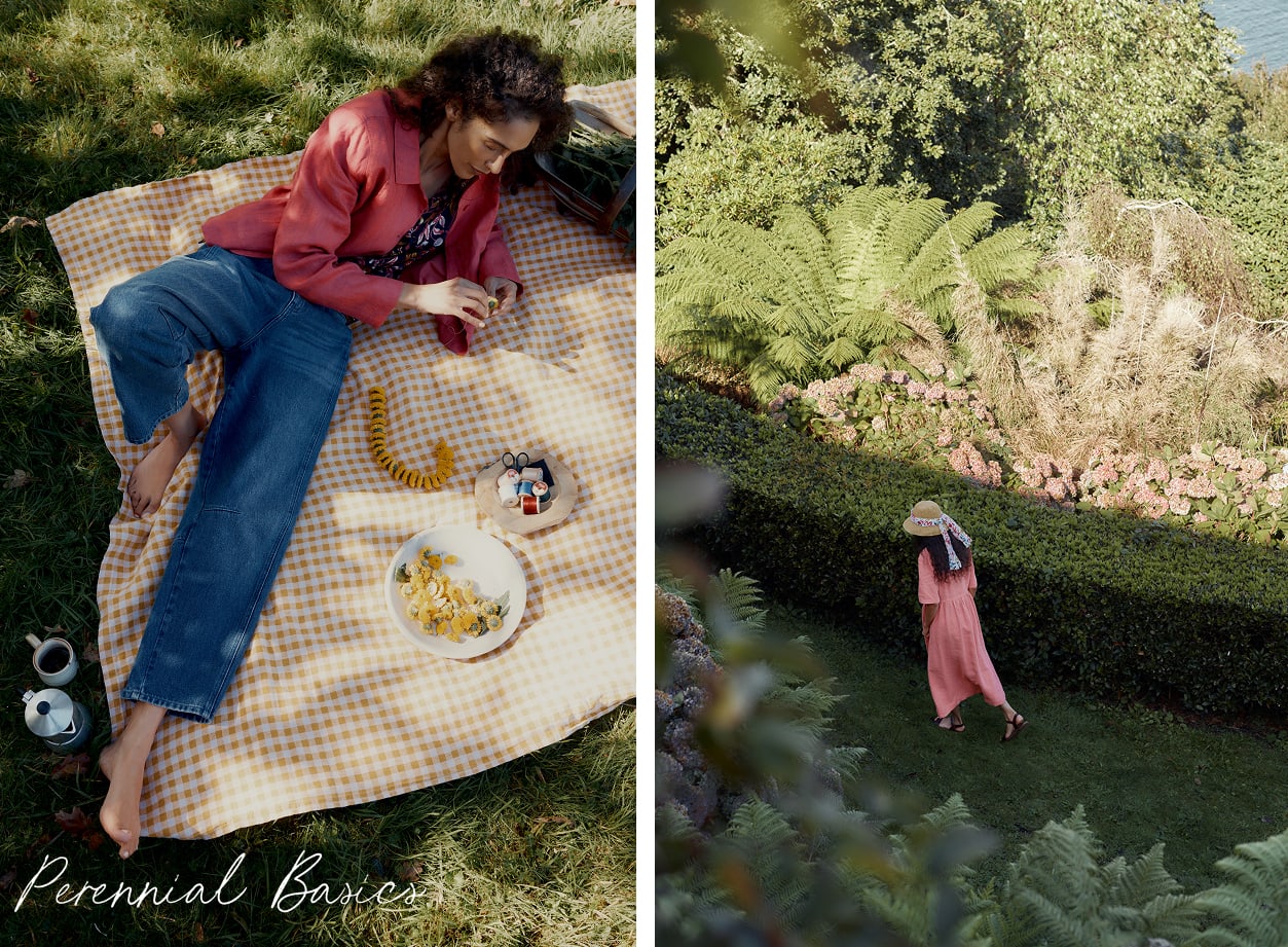 A model enjoying the sun in a garden, dressed in Seasalt styles.