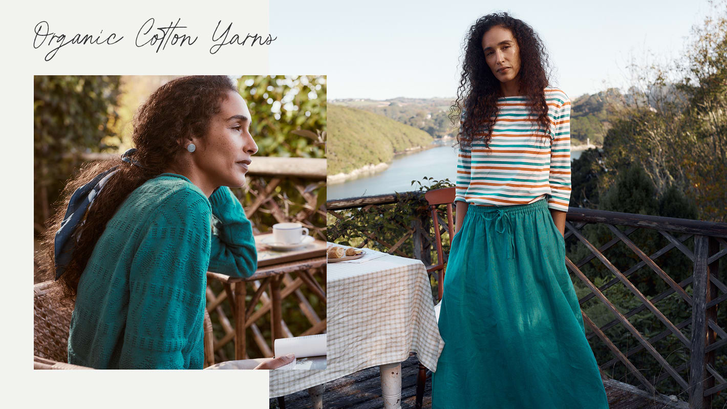 A collage of two photos with a woman dressed in a striped Seasalt top and knitwear.