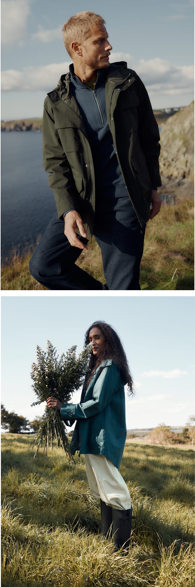 Two pictures side by side with a woman and a man wearing Seasalt raincoats.