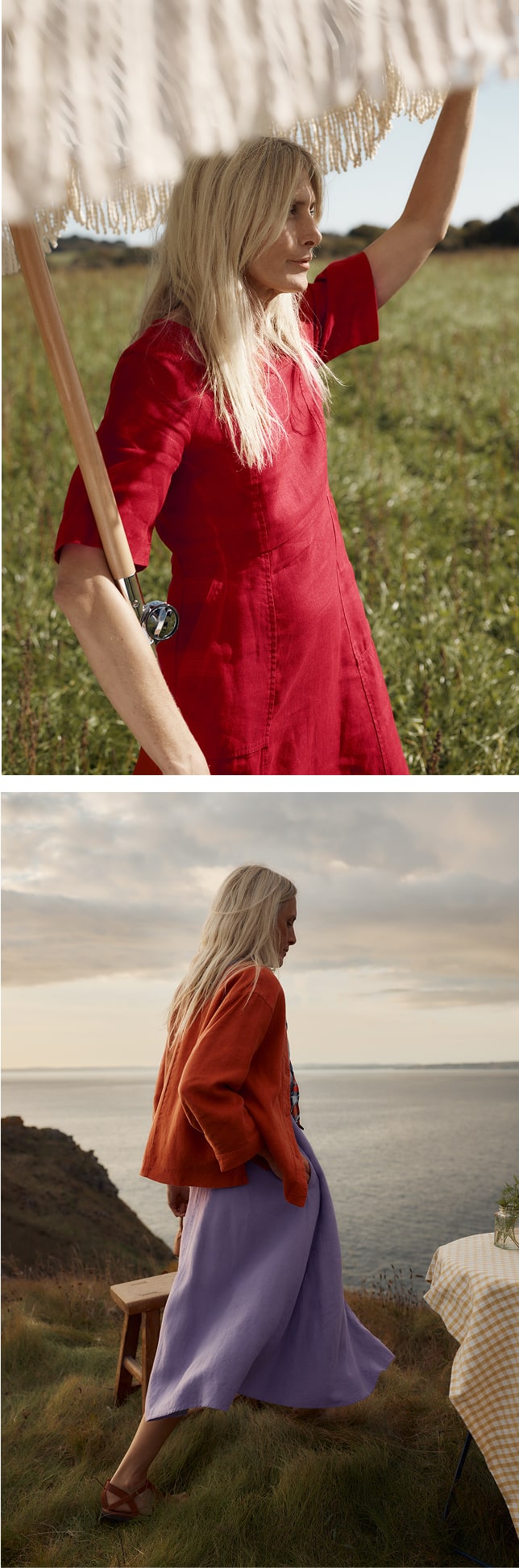 Two linen outfits. Left: model wears midi red short sleeve dress. Right: light purple dress with red linen jacket.