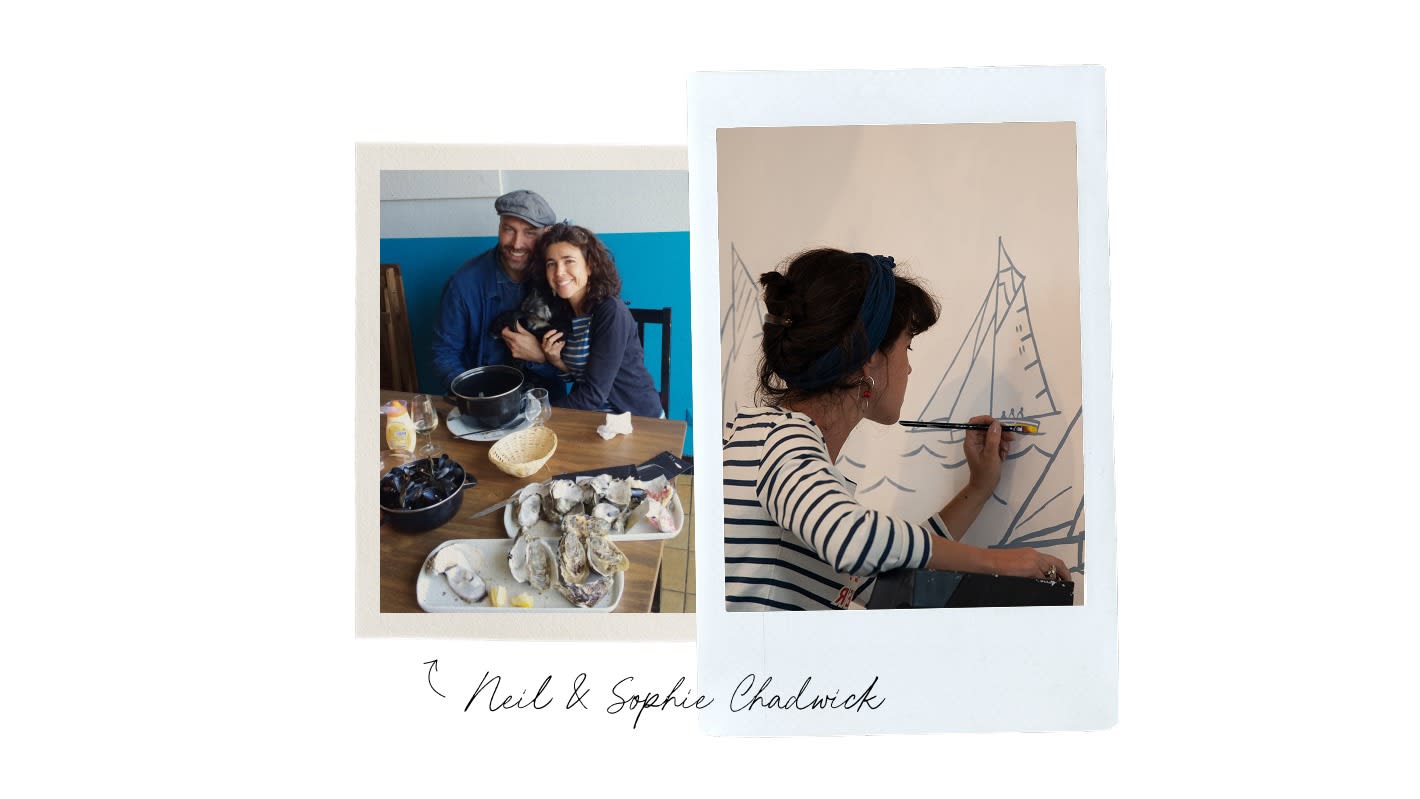 A collage of Neil and Sophie Chadwick with their dog, Pepe