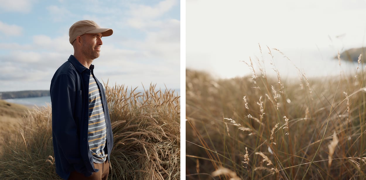 A close up of Jon Cripps, a ranger for the Cornwall Wildlife Trust, standing next to windswept dune grass on a Cornish sand dune