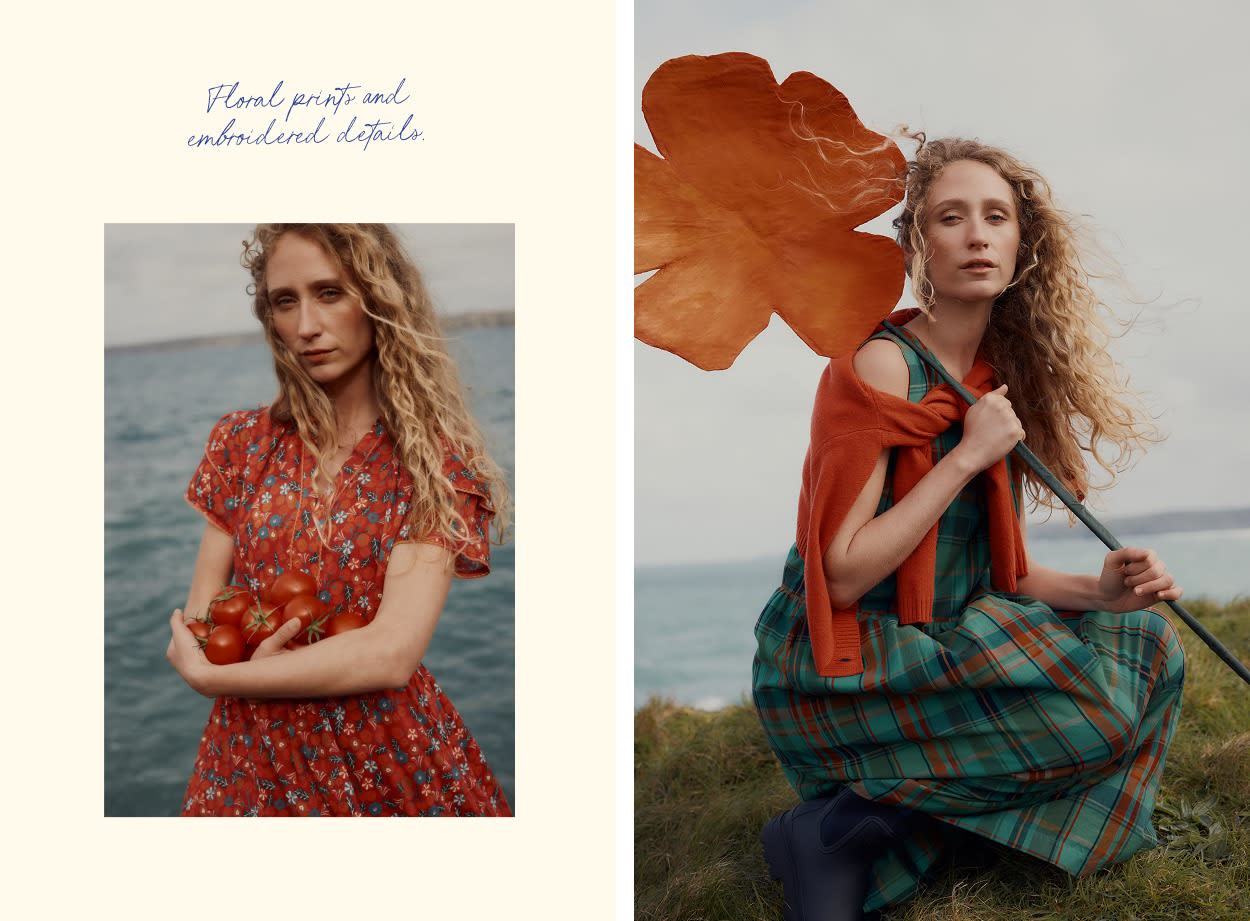 An image of a woman wearing a checked Seasalt dress next to an image of a woman wearing a floral Seasalt dress