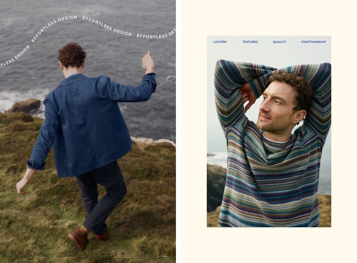 An image of a man wearing a Seasalt blazer on a cliff top next to an image of a man wearing a striped Seasalt jumper