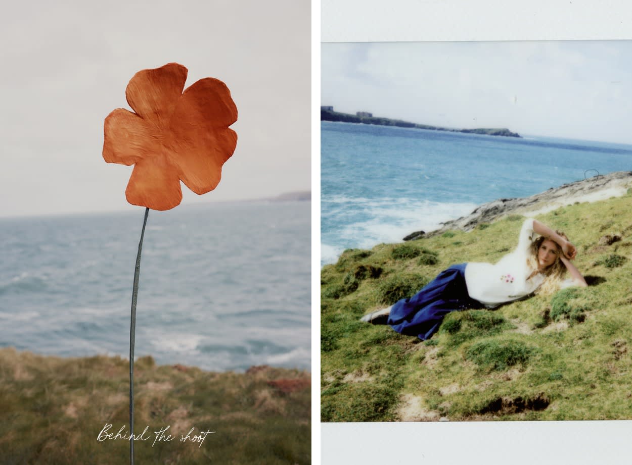 An image of a large floral prop next to an imagine of a polaroid of a woman on a cliff top wearing Seasalt