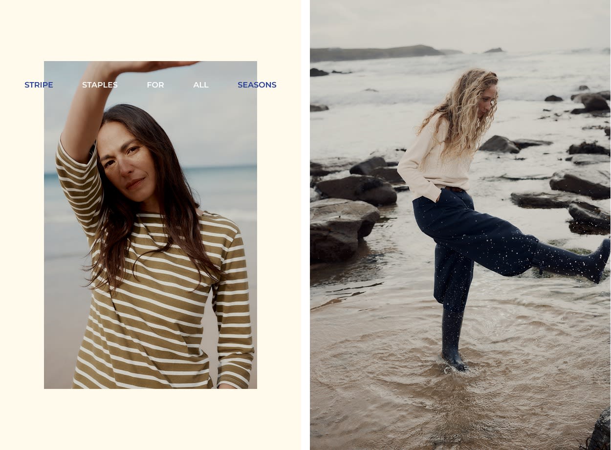 An image of a woman wearinf a striped Seasalt top next to an image of a woman wearing Seasalt on the beach