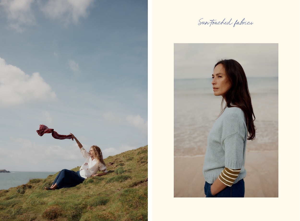 An image of a woman waving a Seasalt scarf on a cliff top next to an image of a woman wearing Seasalt tops on the beach