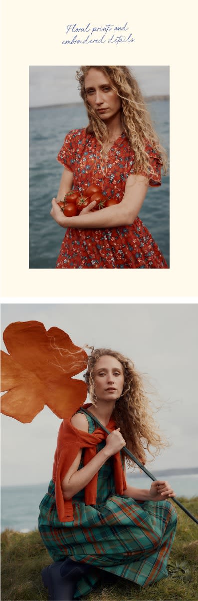 An image of a woman wearing a checked Seasalt dress next to an image of a woman wearing a floral Seasalt dress