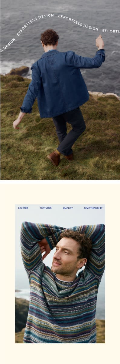 An image of a man wearing a Seasalt blazer on a cliff top next to an image of a man wearing a striped Seasalt jumper