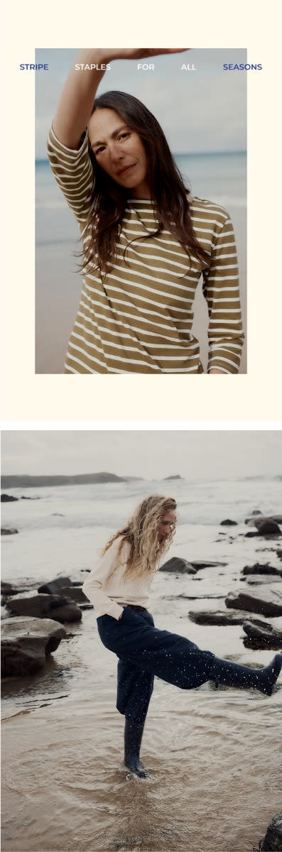 An image of a woman wearinf a striped Seasalt top next to an image of a woman wearing Seasalt on the beach