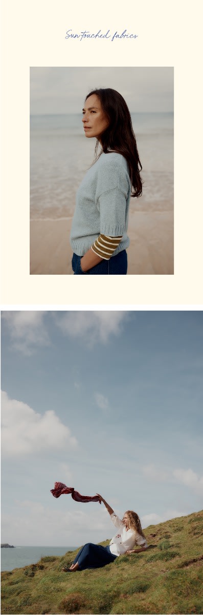 An image of a woman waving a Seasalt scarf on a cliff top next to an image of a woman wearing Seasalt tops on the beach
