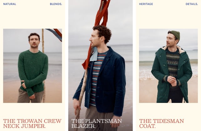 A man wearing Seasalt clothing on the beach: Seasalt Men's Trowan Crew Neck Jumper, Seasalt Plantsman Blazer and Seasalt Men's Tidesman Coat