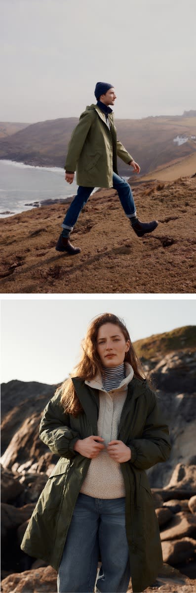 A man wearing our Atlantek Parka Coat and a woman wearing our Path Maker Coat