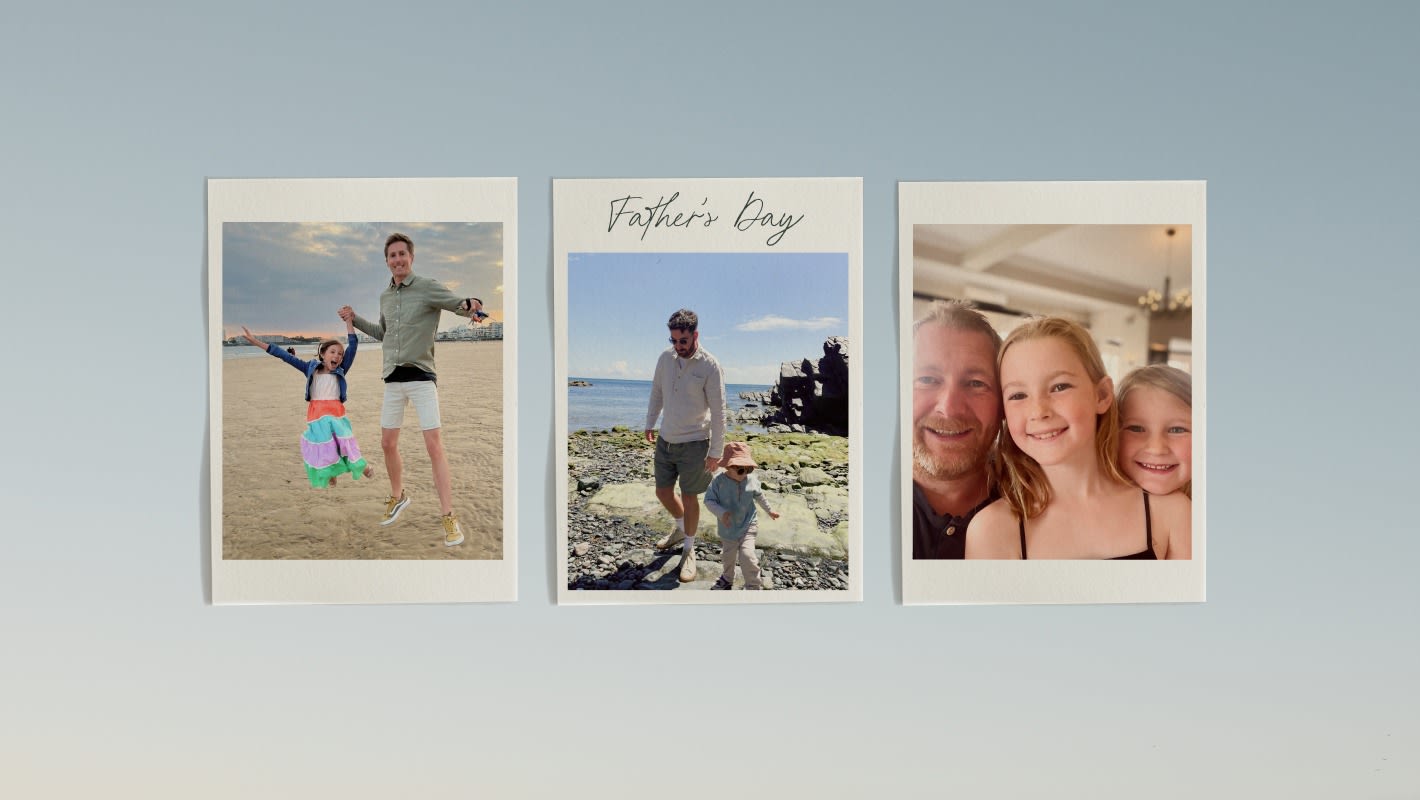 Three polaroid pictures of Dads and their children on a blue background 