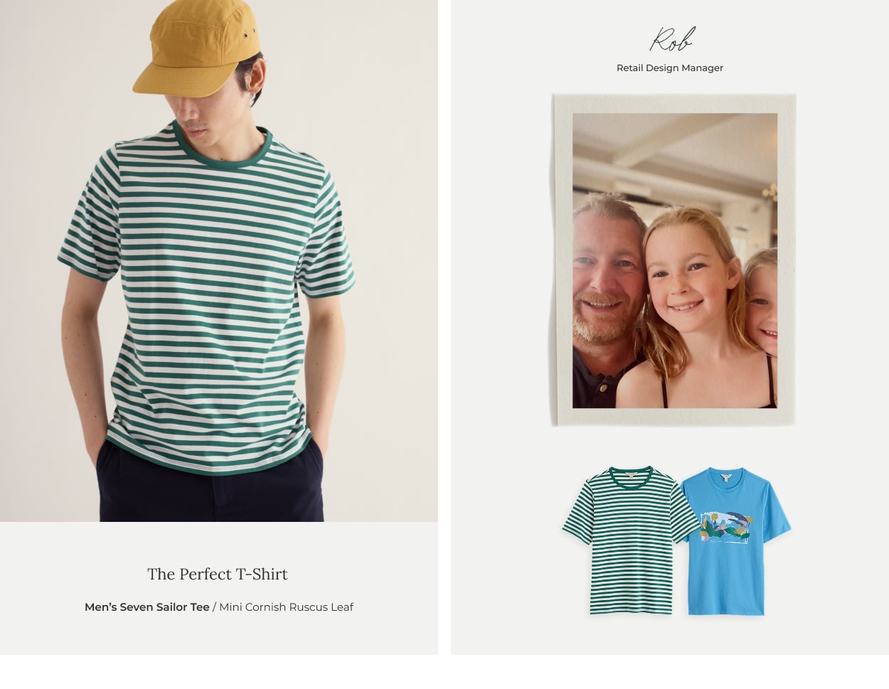 An collage of a model wearing a Seasalt T-shirt next to a polaroid of a dad and his children.