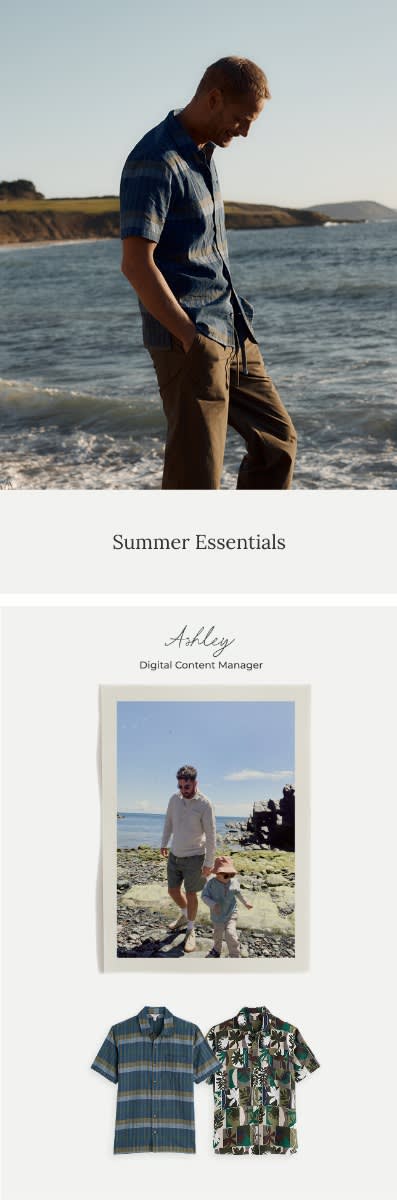 An image of a man wearing a Seasalt shirt on the beach next to a polaroid image of a dad and his children