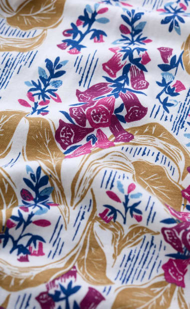 Seasalt's Foxglove Lino Print A close up of sketched foxglove flowers printed on fabric