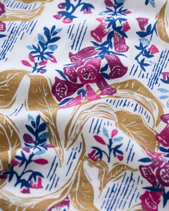 Seasalt's Foxglove Lino Print A close up of sketched foxglove flowers printed on fabric